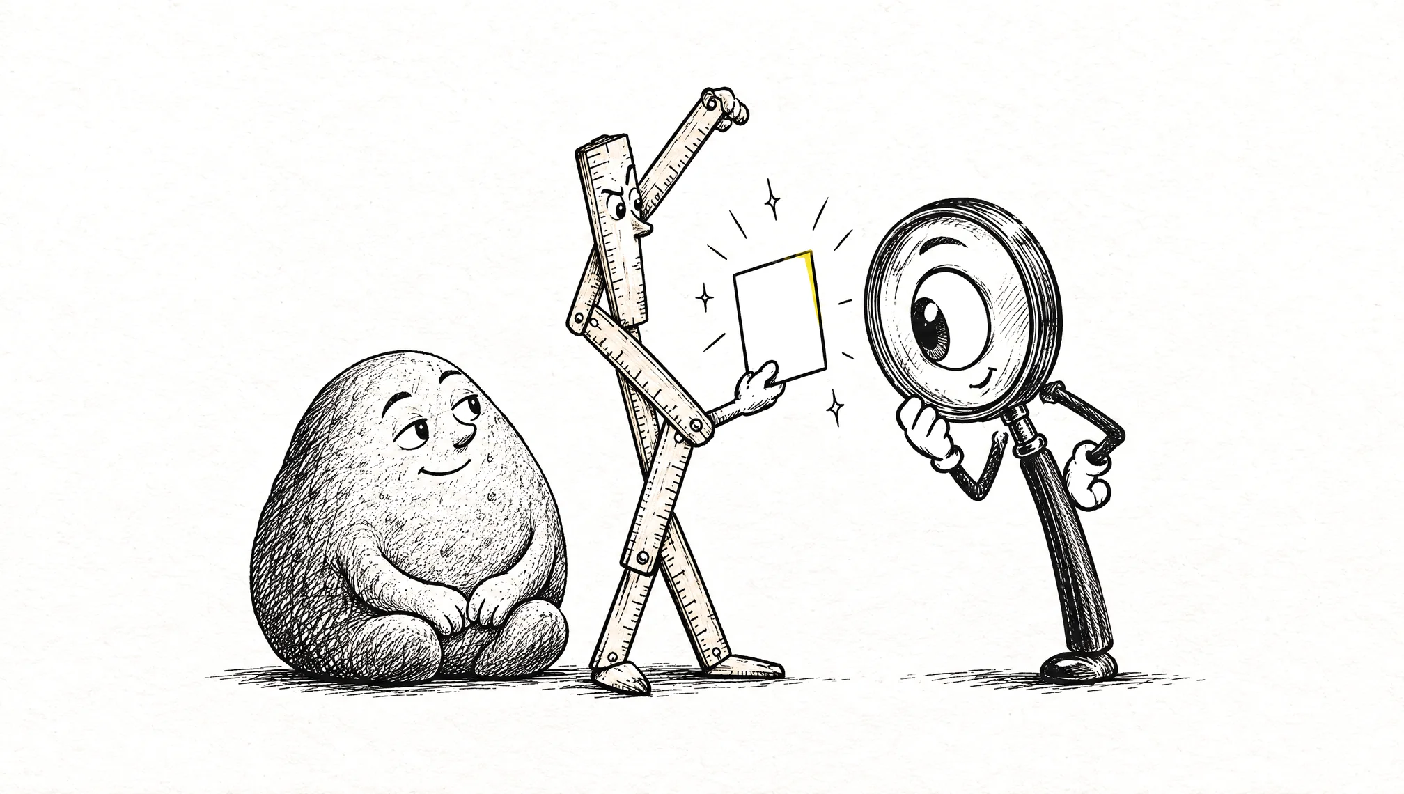 Drawing: a stone, a folding ruler and a magnifying glass looking at a blank card that has just become clear.