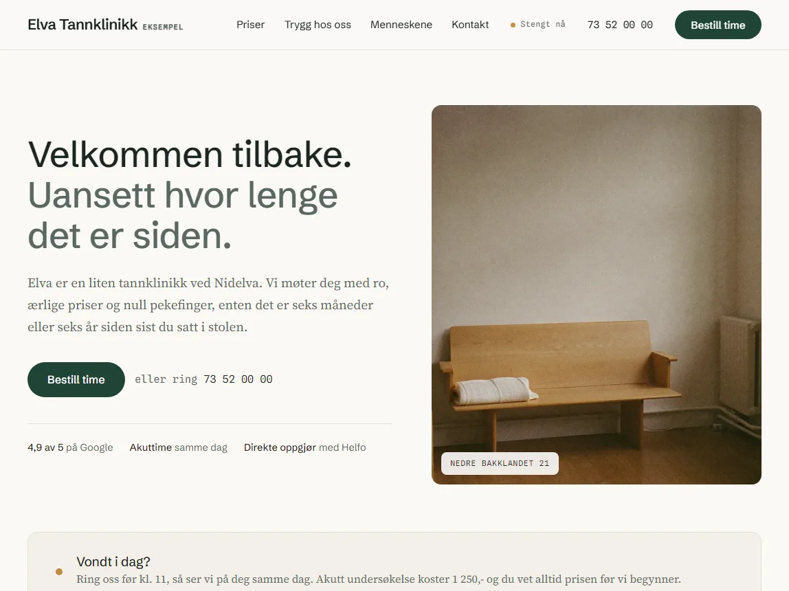 Skjermbilde av demonettsiden for Elva Tannklinikk